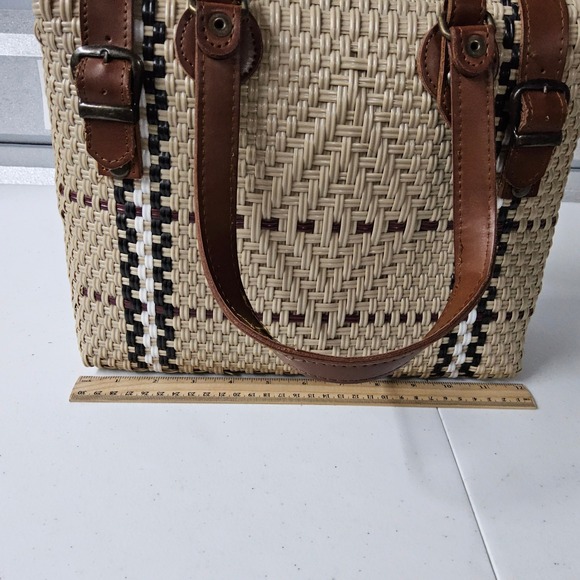 Handmade Woven Straw Handbag‎ Purse Top Handle Satchel Bag Beige Brown Medium MX - Picture 12 of 14
